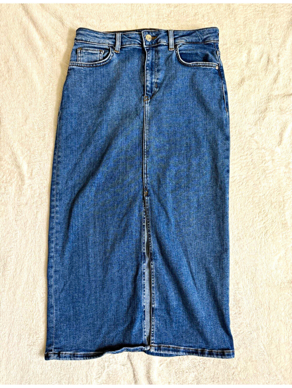 GUESS Blue Denim Midi Straight Pencil Skirt Pockets Button Logo Solid Size 6